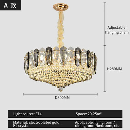 Luxe gold and gray crystal duplex villa chandelier living room light