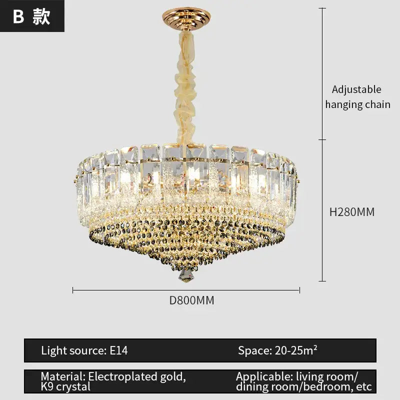 Luxe gold and gray crystal duplex villa chandelier living room light