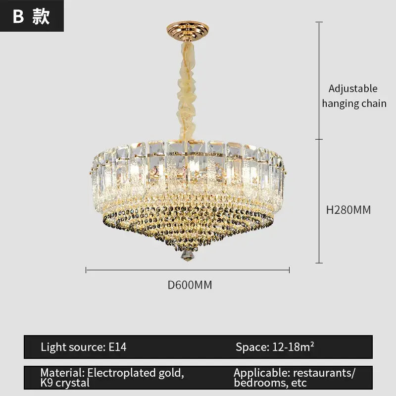 Luxe gold and gray crystal duplex villa chandelier living room light