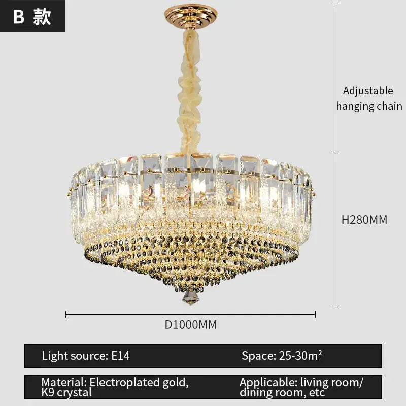 Luxe gold and gray crystal duplex villa chandelier living room light