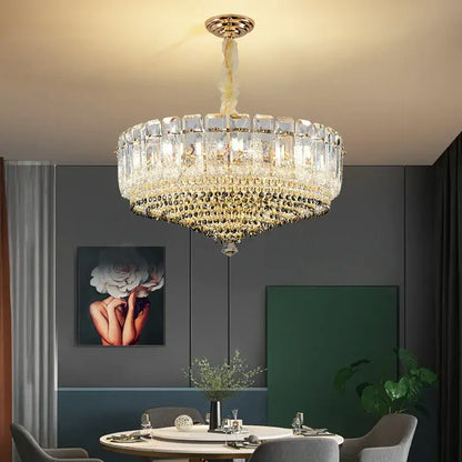 Luxe gold and gray crystal duplex villa chandelier living room light
