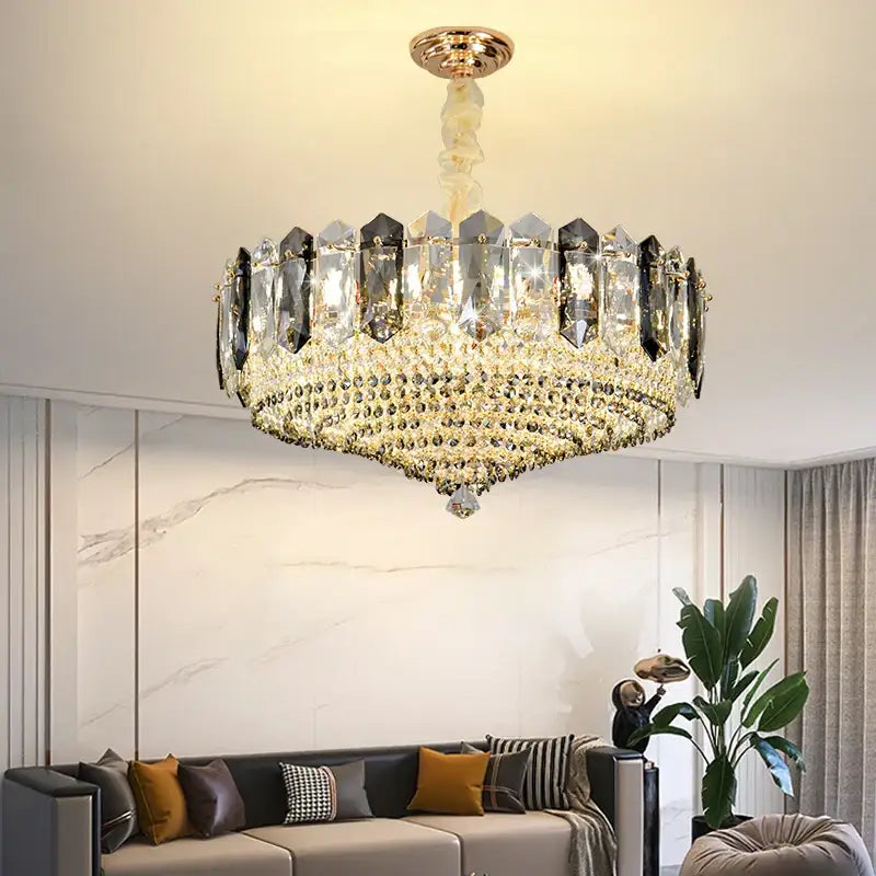 Luxe gold and gray crystal duplex villa chandelier living room light