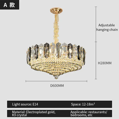 Luxe gold and gray crystal duplex villa chandelier living room light