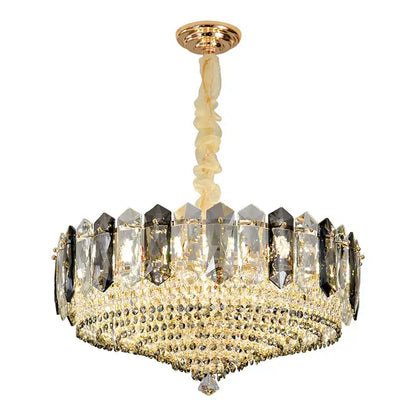 Luxe gold and gray crystal duplex villa chandelier living room light