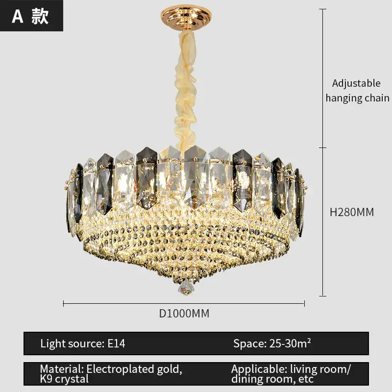 Luxe gold and gray crystal duplex villa chandelier living room light