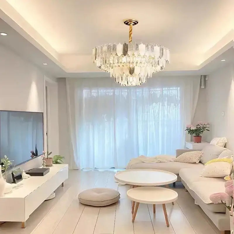 Luxe gold crystal indoor chandelier leaf accent living room light