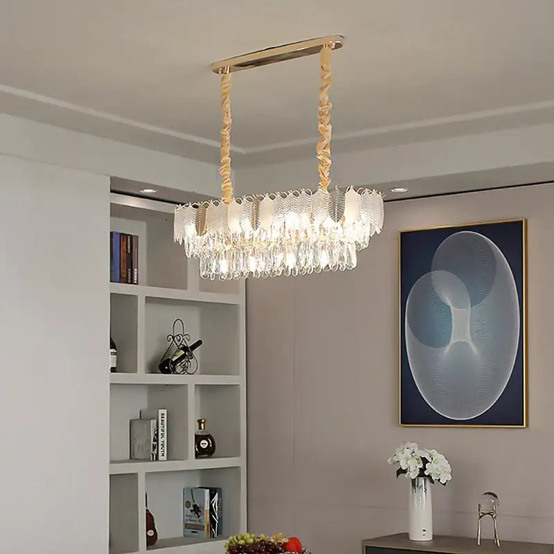 Luxe gold crystal indoor chandelier leaf accent living room light