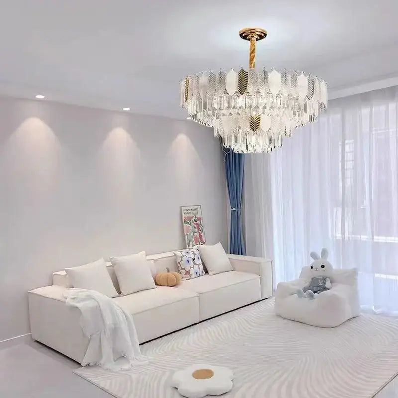 Luxe gold crystal indoor chandelier leaf accent living room light