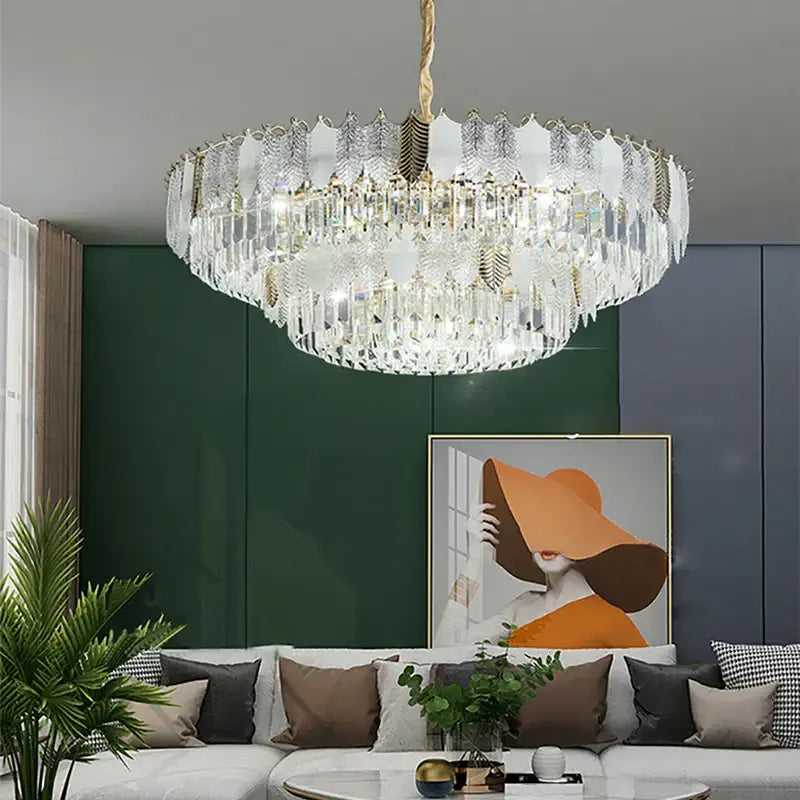 Luxe gold crystal indoor chandelier leaf accent living room light