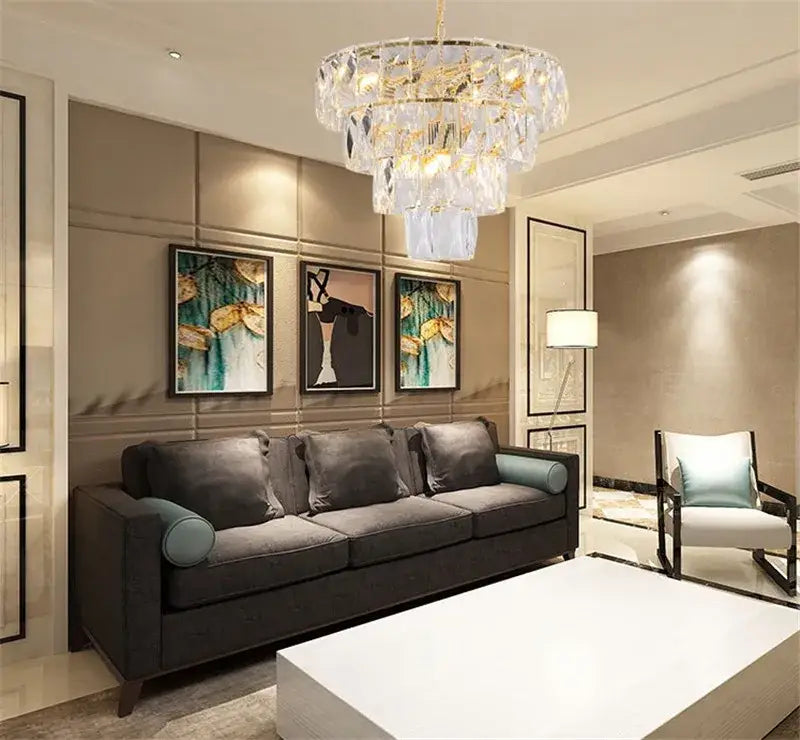 Luxe gold steel crystal pendant light dining room chandelier