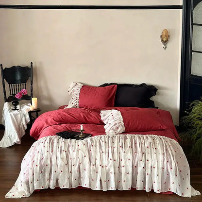 Luxe red & white egyptian cotton lace ruffles bedding set bedroom