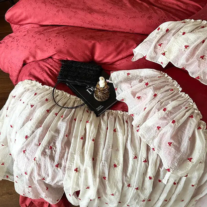 Luxe red & white egyptian cotton lace ruffles bedding set bedroom