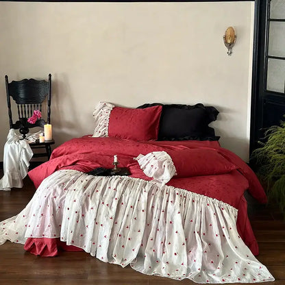 Luxe red & white egyptian cotton lace ruffles bedding set bedroom