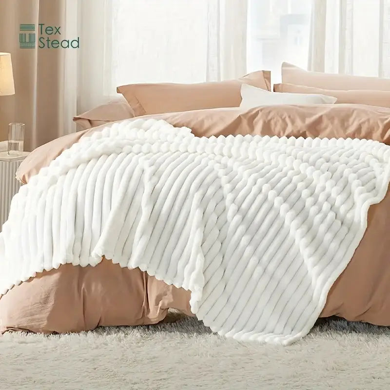 Luxe ribbed white flannel throw blanket – bedroom plush decor