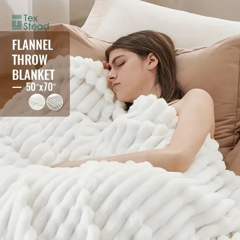 Luxe ribbed white flannel throw blanket – bedroom plush decor