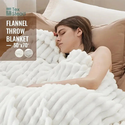 Luxe ribbed white flannel throw blanket – bedroom plush decor