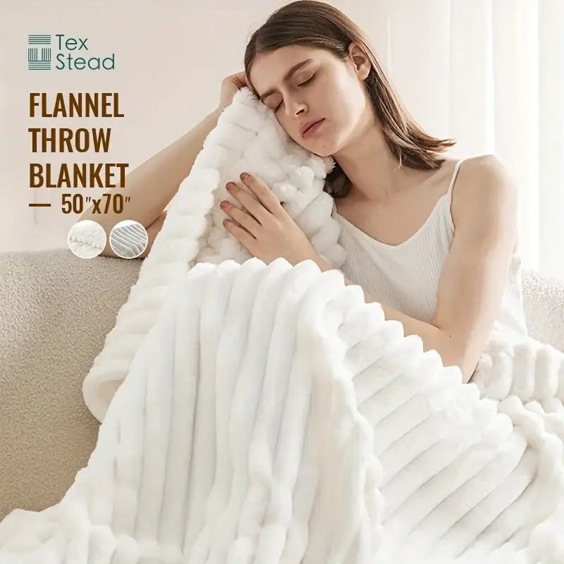 Luxe ribbed white flannel throw blanket – bedroom plush decor