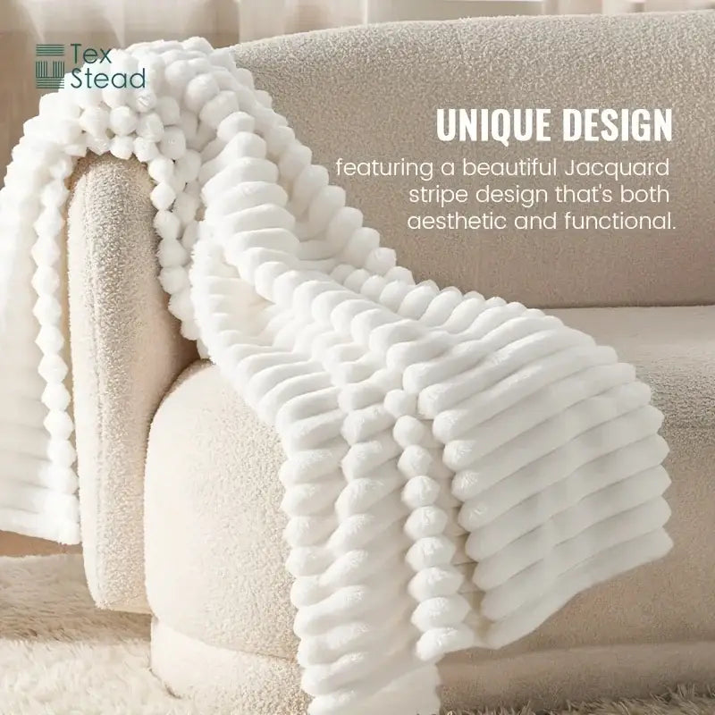 Luxe ribbed white flannel throw blanket – bedroom plush decor