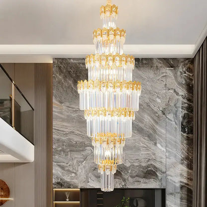 Luxurious gold and clear crystal staircase chandelier
