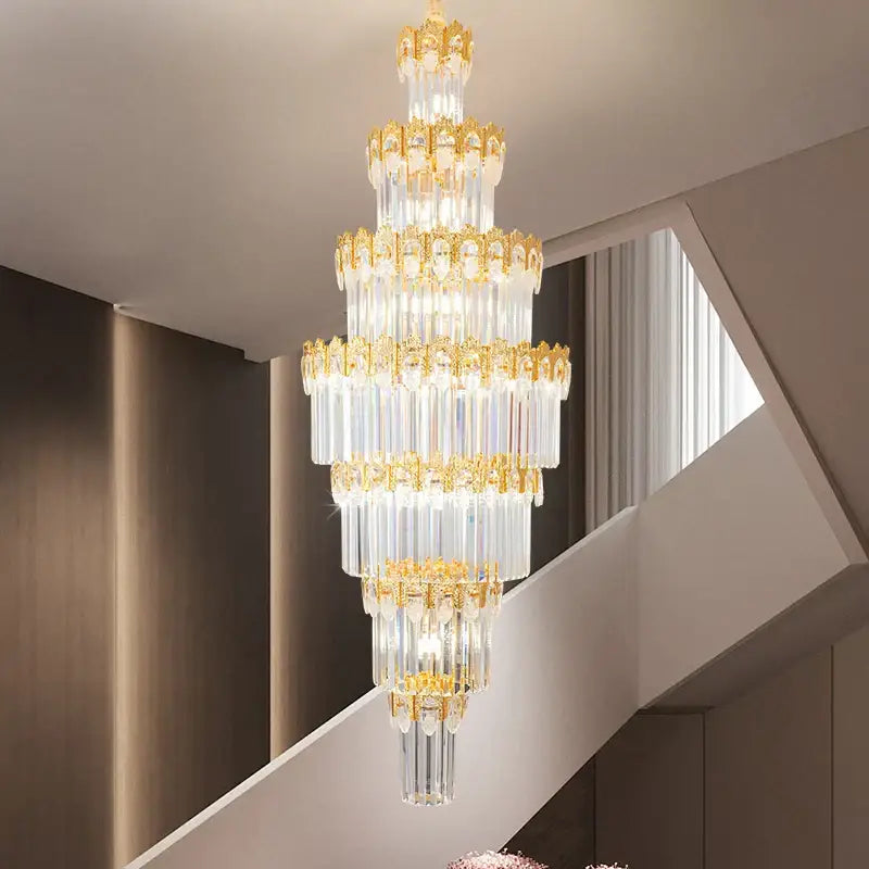 Luxurious gold and clear crystal staircase chandelier