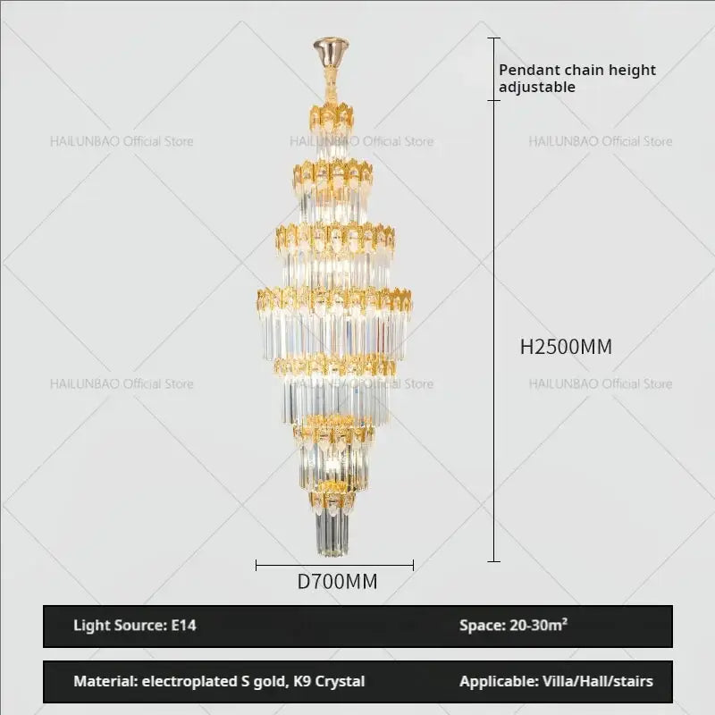 Luxurious gold and clear crystal staircase chandelier