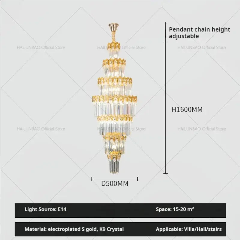 Luxurious gold and clear crystal staircase chandelier