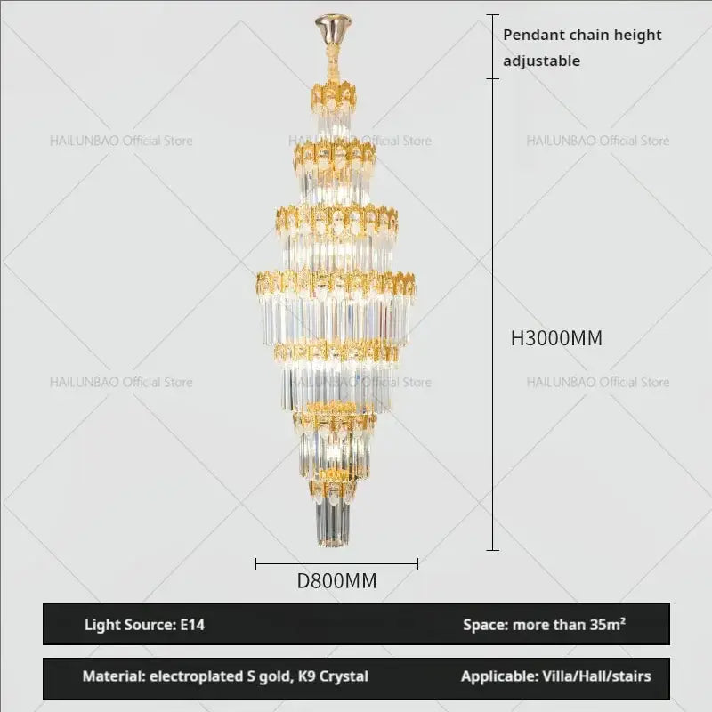 Luxurious gold and clear crystal staircase chandelier