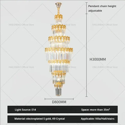 Luxurious gold and clear crystal staircase chandelier