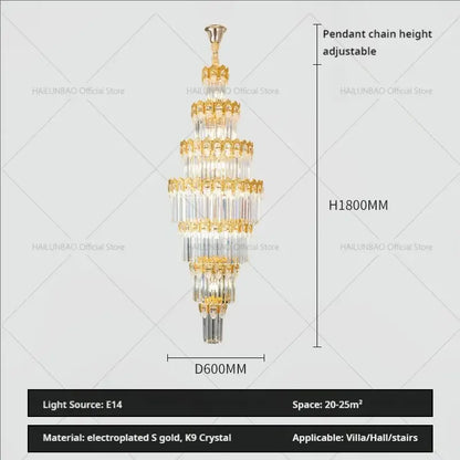 Luxurious gold and clear crystal staircase chandelier