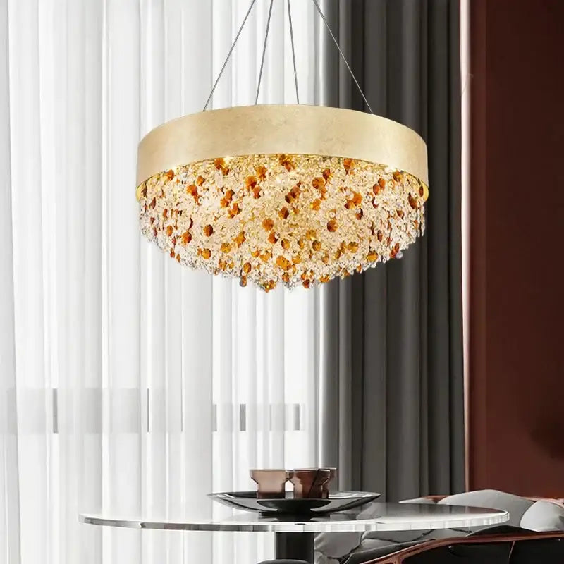 Luxurious gold circular crystal chandelier – living room pendant light