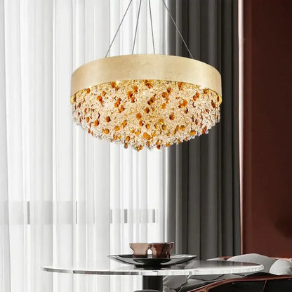 Luxurious gold circular crystal chandelier – living room pendant light