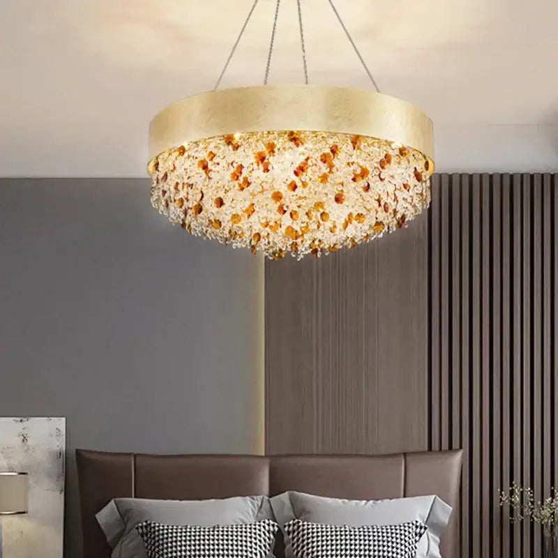 Luxurious gold circular crystal chandelier – living room pendant light