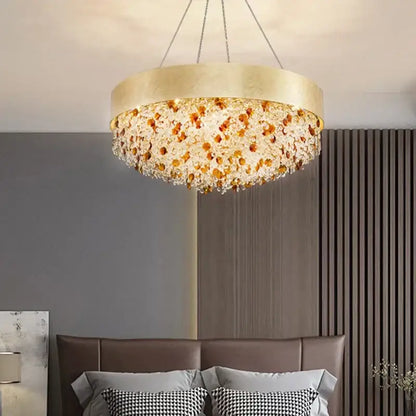 Luxurious gold circular crystal chandelier – living room pendant light