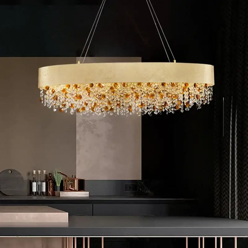 Luxurious gold circular crystal chandelier – living room pendant light