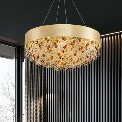 Luxurious gold circular crystal chandelier – living room pendant light