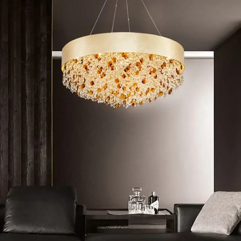 Luxurious gold circular crystal chandelier – living room pendant light
