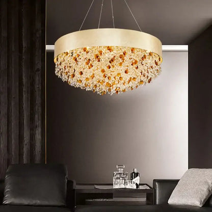 Luxurious gold circular crystal chandelier – living room pendant light