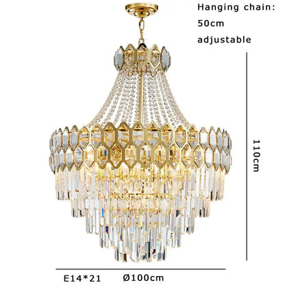 Luxurious gold hexagonal deluxe crystal led pendant lamp dining room