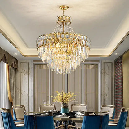 Luxurious gold hexagonal deluxe crystal led pendant lamp dining room