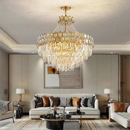 Luxurious gold hexagonal deluxe crystal led pendant lamp dining room