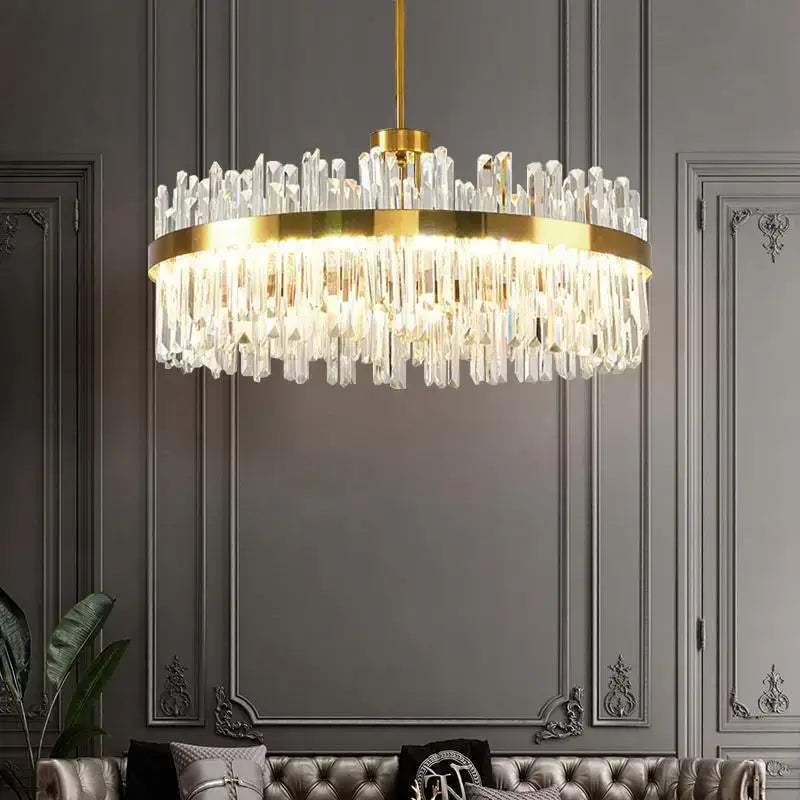 Luxurious gold round crystal pendant light for living room