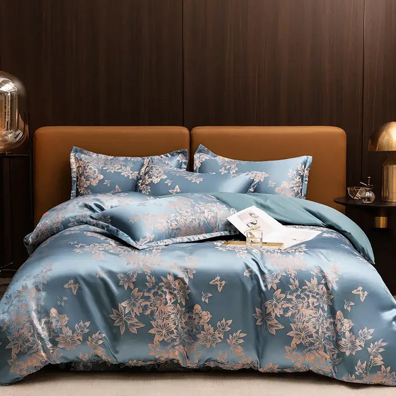 Luxurious gold & teal jacquard satin bedding set bedroom duvet cover