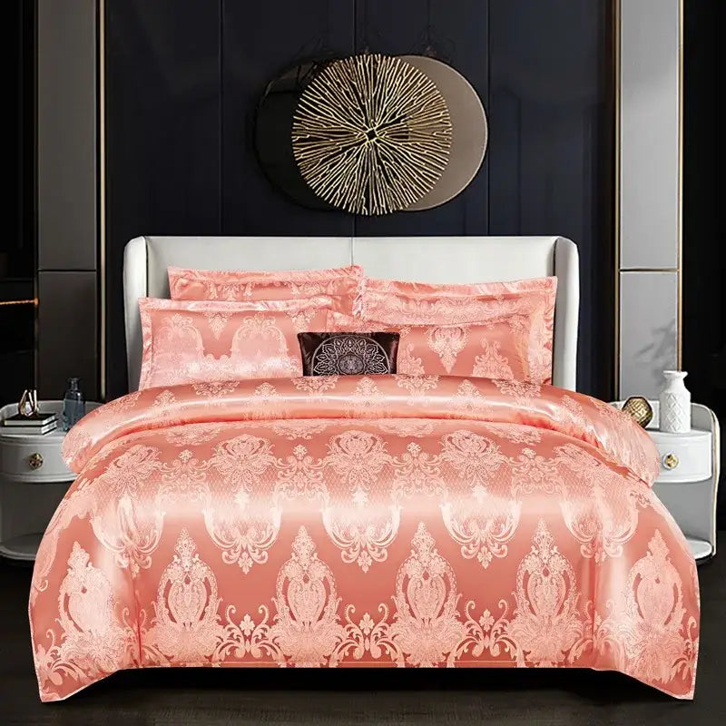 Luxurious gold & teal jacquard satin bedding set bedroom duvet cover