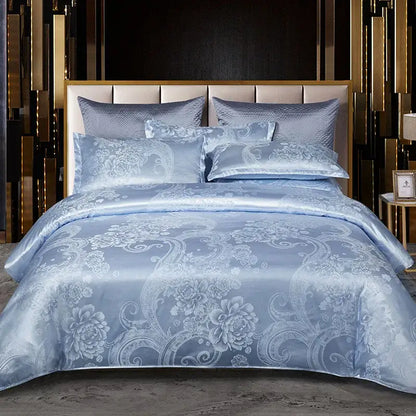 Luxurious gold & teal jacquard satin bedding set bedroom duvet cover