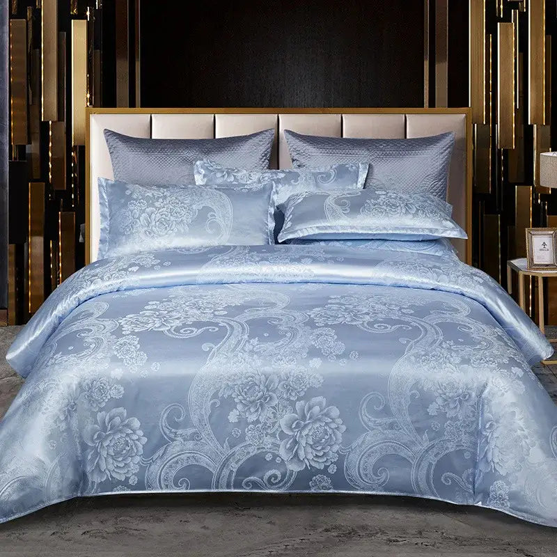 Luxurious gold & teal jacquard satin bedding set bedroom duvet cover
