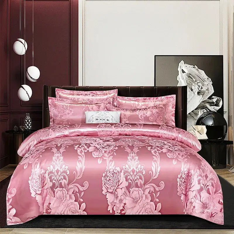 Luxurious gold & teal jacquard satin bedding set bedroom duvet cover