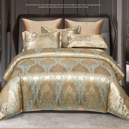 Luxurious gold & teal jacquard satin bedding set bedroom duvet cover