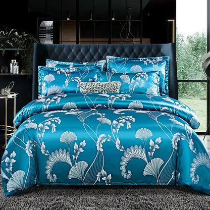 Luxurious gold & teal jacquard satin bedding set bedroom duvet cover