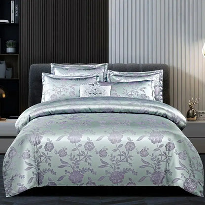 Luxurious gold & teal jacquard satin bedding set bedroom duvet cover