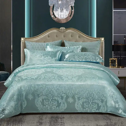 Luxurious gold & teal jacquard satin bedding set bedroom duvet cover